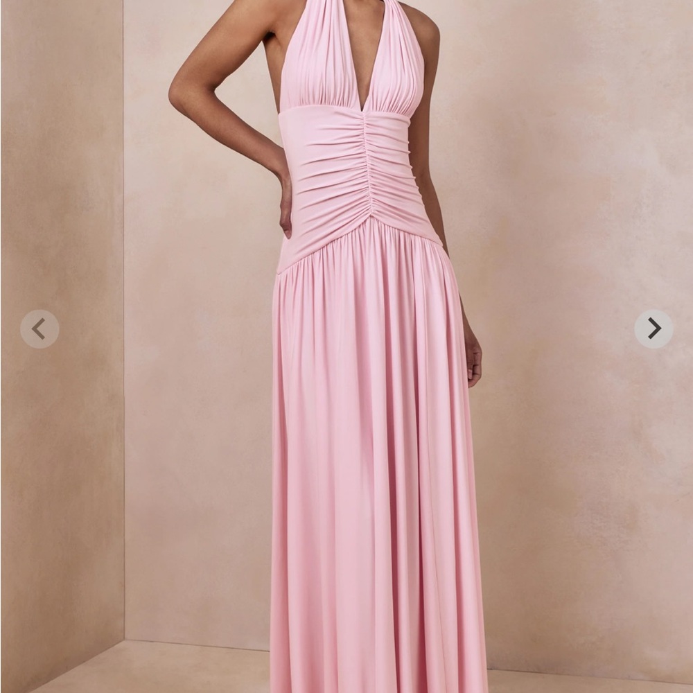 Club London “Bettina” Light Pink Plunge-Neck Maxi Dress